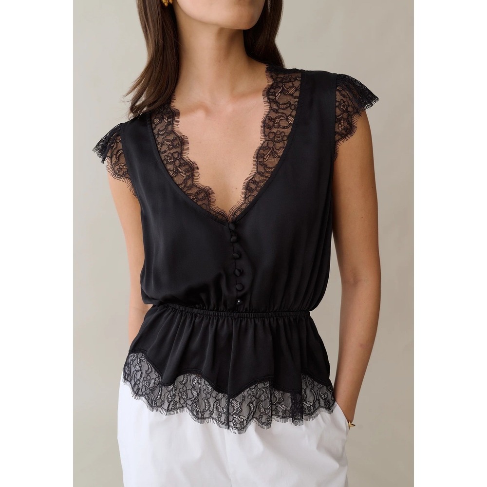 NWT Sorella Yada Silk Lace Trim Top in Black - Size Large